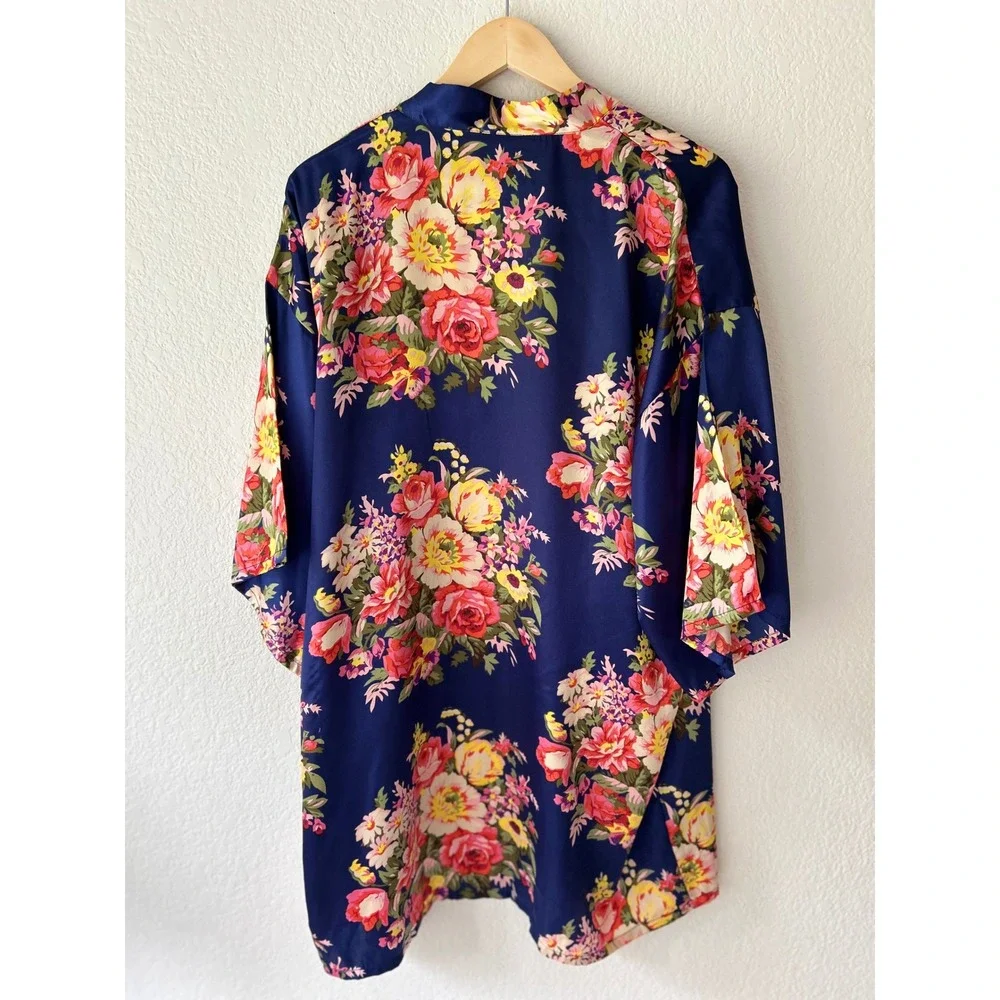 Navy Blue Floral Satin Kimono Robe Open Front Short Sleeve Boho Loungewear
